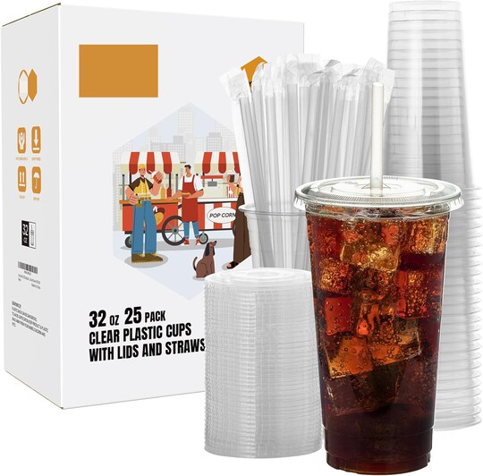 Greentek; 32 Oz Clear Plastic Cups with Lids and Straws Disposable To Go Cold Drink Cups for Iced Coffee Smoothies Lemonade 25 Sets; Category:Cups; Image:1